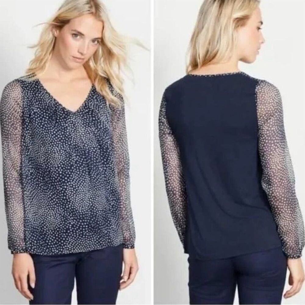 Boden Navy and White Polka Dot Long Sleeve Blouse